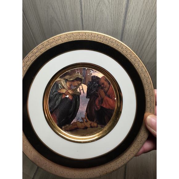 Vtg Duffex Art Nativity Plate Gold Gilt 6" Religious Mary Joseph Jesus Holiday - Picture 6 of 7